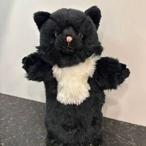 Fluffy Black Cat Hand Puppet Kitty Green Stitched Eyes